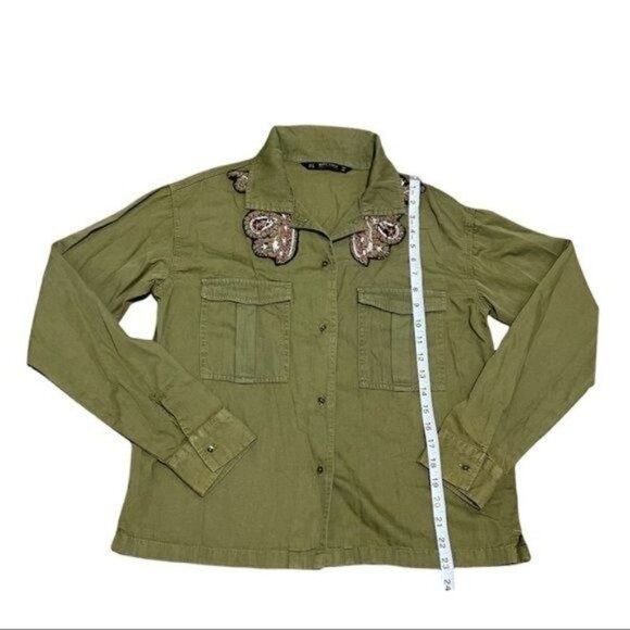 Zara army green beaded button down long sleeve Shirt Size S - Picture 7 of 8